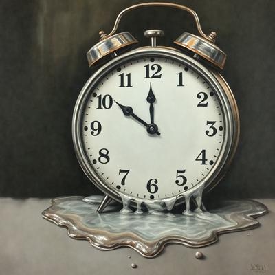 The primary subject of the image is a clock, which is prominently displayed in the foreground. The clock is surrounded by a scene of water, with dripping water and a puddle surrounding it. The setting appears to be a dark room, creating a moody atmosphere. The visual style of the image is a combination of digital art and illustration, giving it a unique and artistic appearance. The colors in the image are predominantly dark, with the clock being the main focal point, and the water adding a